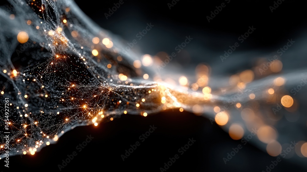 Poster abstract network structure, illuminated by glowing particles. a complex web-like formation with intr