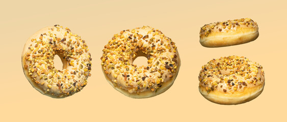 A creative composition of four pistachio donuts on a beige background, showcasing different angles. Ideal for bakery, dessert, or snack-themed designs and commercial use