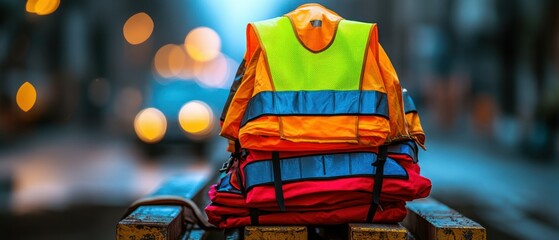 Several safety vests are stacked on a pallet, ready for use, amidst blurred urban lighting.
