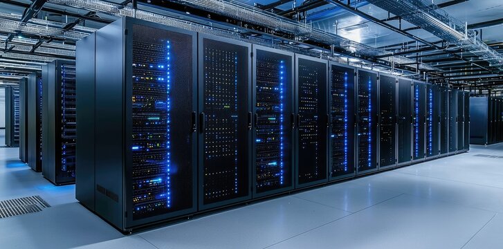 High-tech data center with rows of secure server cabinets glowing blue, clean industrial floor and structured cable overheads, perfect for cloud, hosting, and cybersecurity visuals