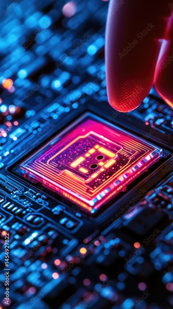 Poster close-up of a processor chip on a circuit board. a hand, partially visible, is positioned near the c