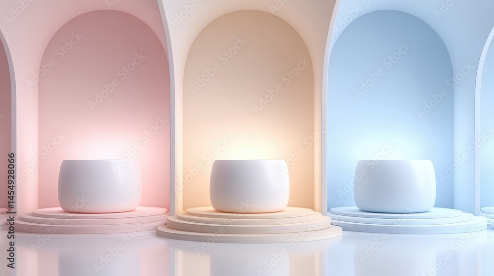 Poster colorful podiums illuminated under circular lights create a serene and artistic atmosphere
