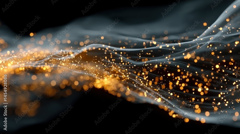 Poster abstract, flowing, golden particles against a dark background. particles appear in waves, creating a