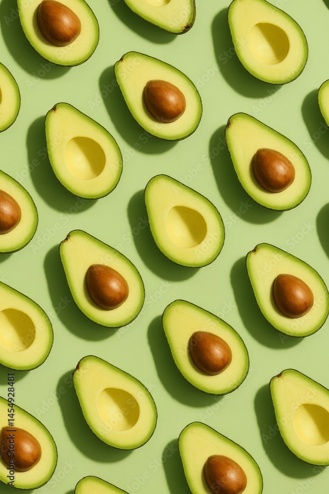 Poster multiple halved avocados arranged neatly on a green background for a fresh culinary display