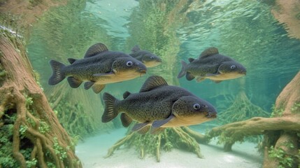 Catfish Glide Smoothly Through Calm Waters by Ancient Tree Roots in a Serene Creek