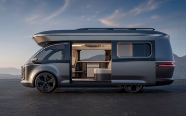 Modern camper van with open door, travel and road trip concept.