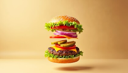 Detailed image of burger layers suspended in air, showcasing fresh ingredients like lettuce, cheese, tomatoes, pickles, onions, and a juicy patty with a sesame seed bun