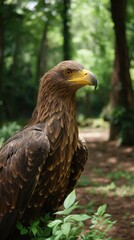 Obraz premium Majestic bird of prey perches peacefully in a lush green forest on a clear summer day, a wildlife portrait.