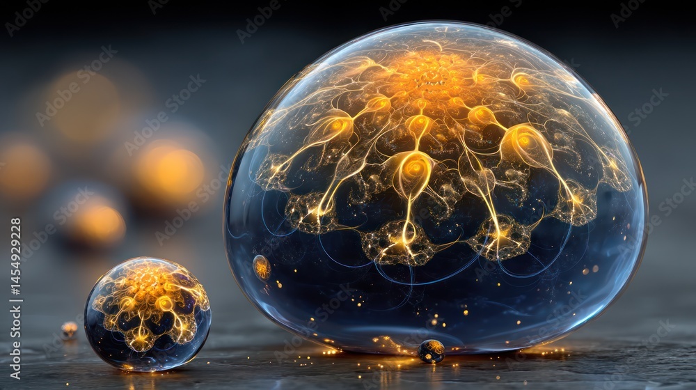 Poster encapsulated luminous orb, detailed and complex structure within a larger transparent sphere, smalle