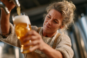 Craft brewer pouring golden beer with focus in a brewery