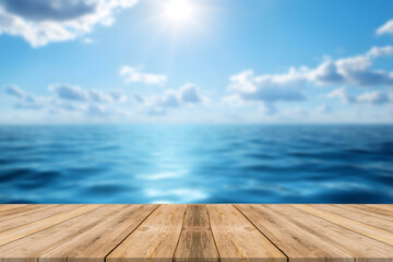 Fototapeta premium Wood table top on blur summer blue sea and sky background - can be used for display or montage your products