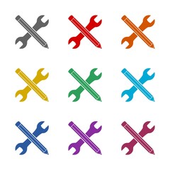 Wrench and pen business icon isolated on white background. Set icons colorful