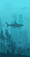 Blue underwater landscape with sharks, fishes, coral reefs, huge rocks and see weeds. Tropical undersea world. Vector detail hand drawn illustration of sea-life.