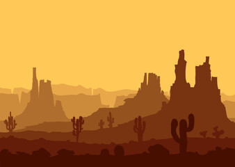 Set of desert landscapes with cacti, succulents, rocks, mountains and yellow sky. Vector illustration for travel banner.