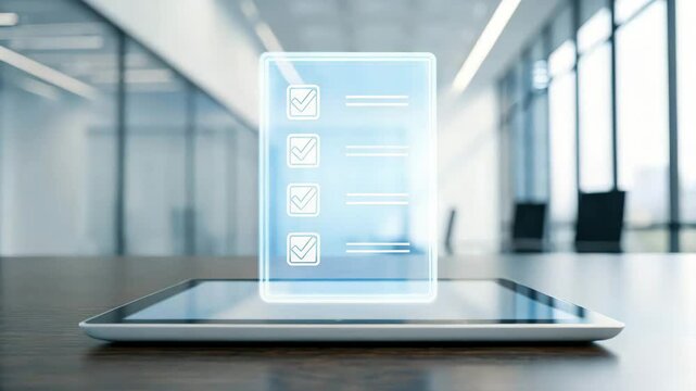 A digital checklist appears above a tablet in a modern office setting, symbolizing productivity and organization in a tech-driven workspace.