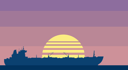 Huge crude oil tanker in the sea. Landscape with commercial supertanker over orange sky with big sun at sunset. Vector illustration