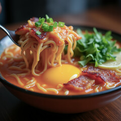Delicious buffalo chicken ramen with crispy bacon and egg