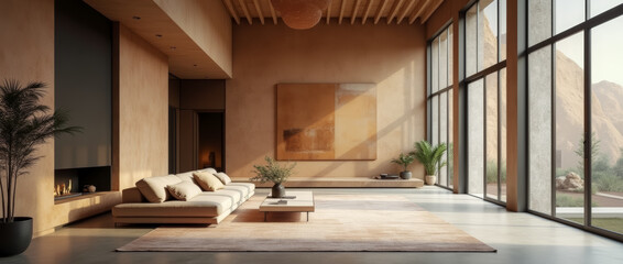 Contemporary zen loft interior living space in earthy tones