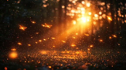 Fototapeta premium Enchanted Forest with Fireflies at Dusk Creating a Magical Glow