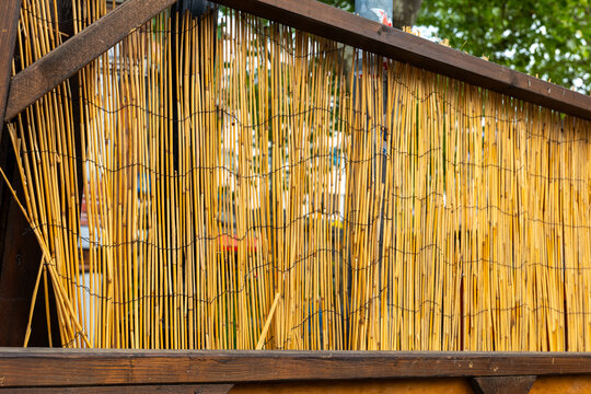 Natural bamboo screen adds rustic charm to outdoor space on a sunny afternoon in a peaceful garden setting