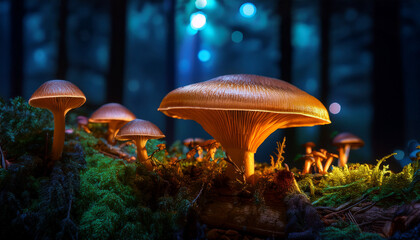 Fototapeta premium bioluminescent mushrooms in the dark of the forest brown fungal growth