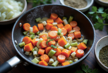 Diced onions, carrots, and celery sizzling in the non-stick pan