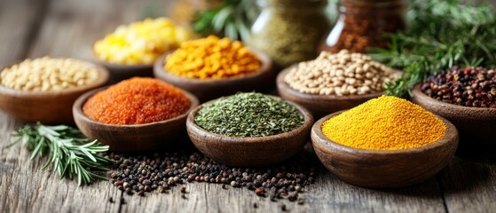 Fototapeta premium Assorted spices fill wooden bowls, arranged beautifully with rosemary sprigs on rustic table, representing culinary richness.