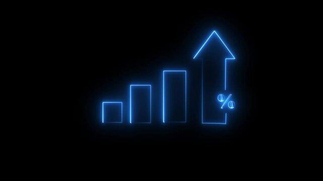 Profit high growth percent icon, stocks, financial, Interest rate and dividend concept. Glowing neon line animated graph and chart with percentage icon black background . 
