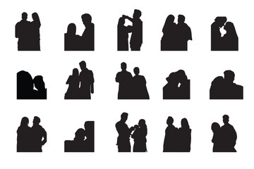 Set of beautiful and romantic couple vector silhouette. Woman, girl, man, people in love black white isolated illustration.