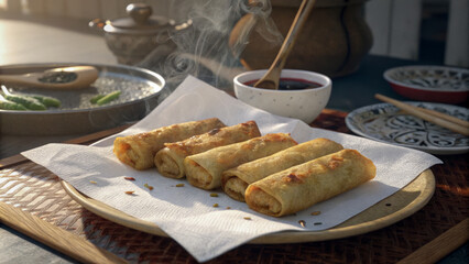 Freshly fried crispy spring rolls draining on a white paper