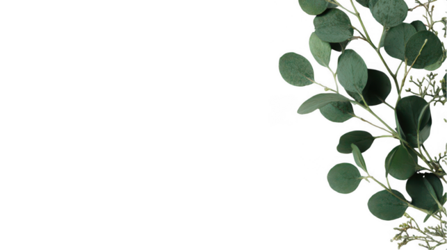 Minimalistic white background with green eucalyptus leaves on the right side, png, transparent