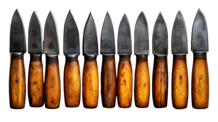 Twelve handcrafted knives with wooden handles and metallic blades arranged in a row