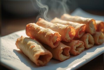 Freshly fried spring rolls draining on a white paper