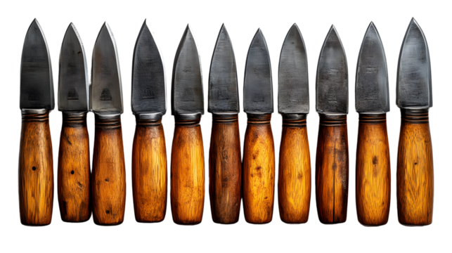 Twelve handcrafted knives with wooden handles and metallic blades arranged in a row