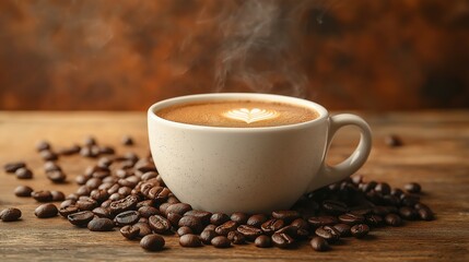 Fototapeta premium Steaming white coffee cup with spilled roasted beans, evoking warmth and rich aroma of freshly brewed coffee.