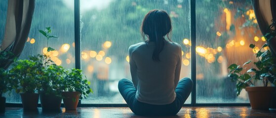 Woman sits silently indoors, gazing at rainy window with pensive mood, enjoying serene moment of introspection.