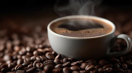 Steaming white coffee cup with spilled roasted beans, evoking warmth and rich aroma of freshly brewed coffee.