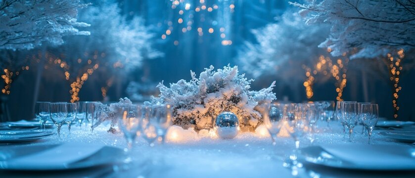 Decorated table awaits guests, exuding elegance and festive cheer amidst winter setting.