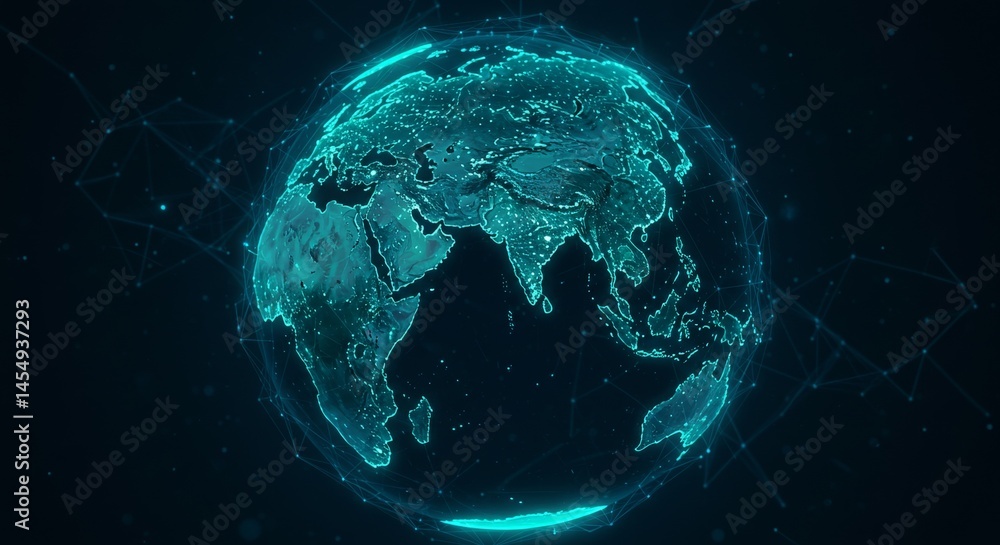 Poster glowing digital representation of earth surrounded by a network of luminous lines, emphasizing globa