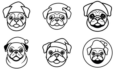 Christmas Pug Dog Vector Icons in Santa Hat – Cute Holiday Outline Design