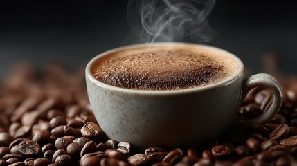 Steaming white coffee cup with spilled roasted beans, evoking warmth and rich aroma of freshly brewed coffee.