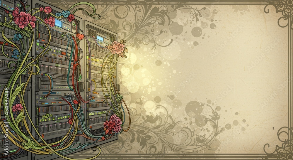 Poster colorful floral elements intertwine with a complex array of technological devices, creating a juxtap