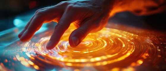 Hand interacts with glowing light circle, creating a visual display of swirling energy.