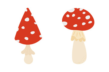 Set of fly agarics. Isolated mushrooms in flat style