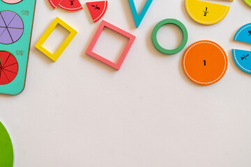 Educational math manipulatives arranged on a flat surface promoting interactive learning in a...