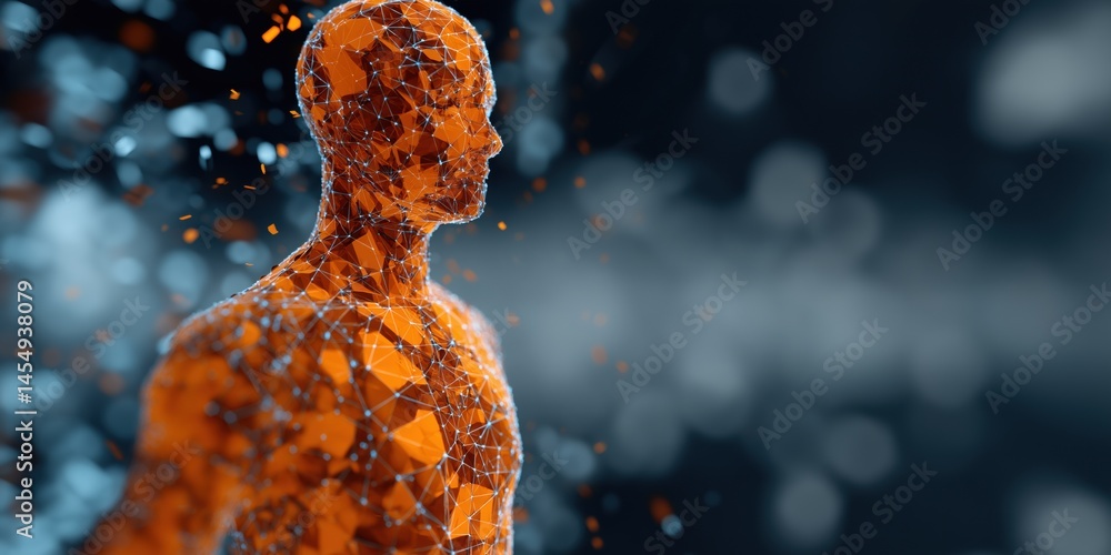 Poster a man's head is made of a network of wires and is surrounded by a blurry background. concept of tech