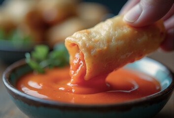 Hand dipping a spring roll into the sweet chili sauce