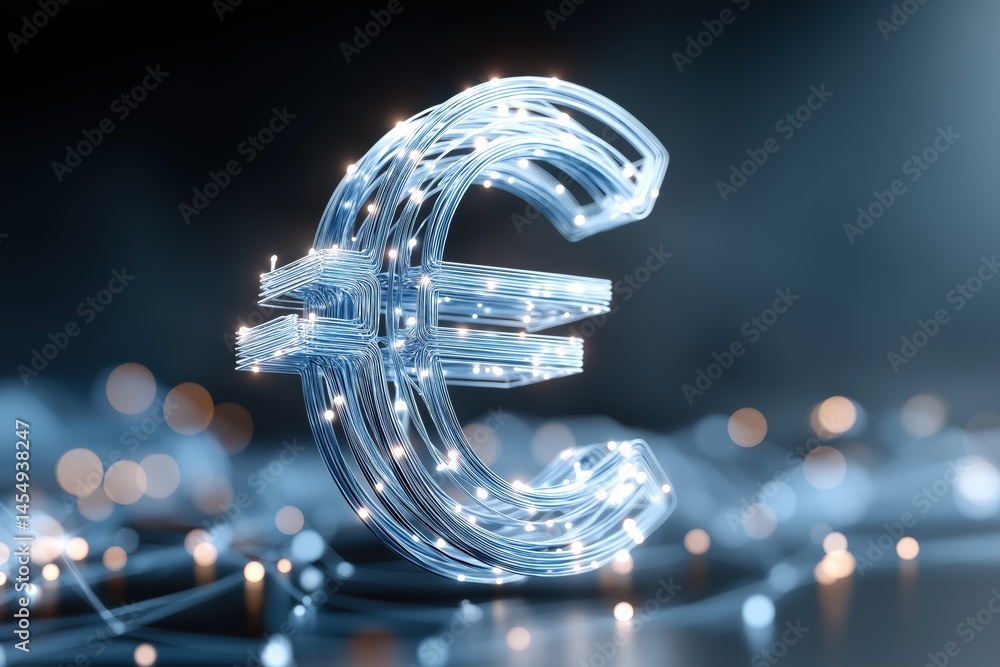 Poster a digital image of a euro with a metallic texture and a glowing effect. the image conveys a futurist