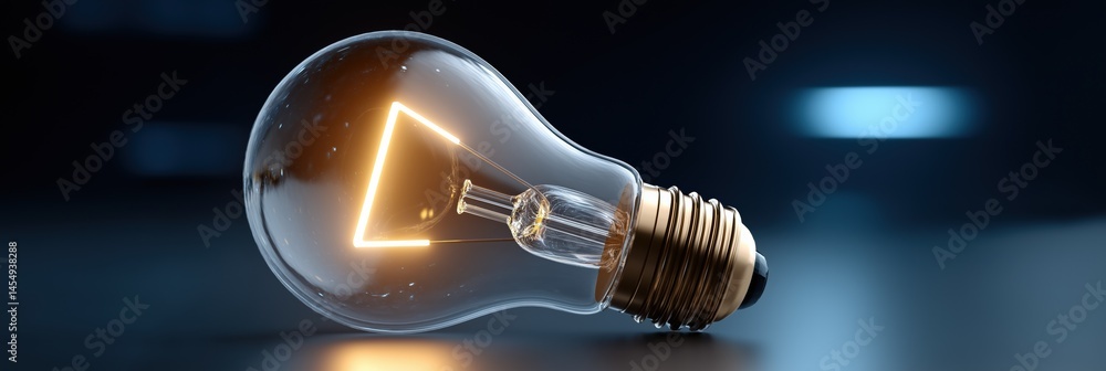 Poster a light bulb is lit up and has a triangle shape on it. the light is shining on a dark surface, creat