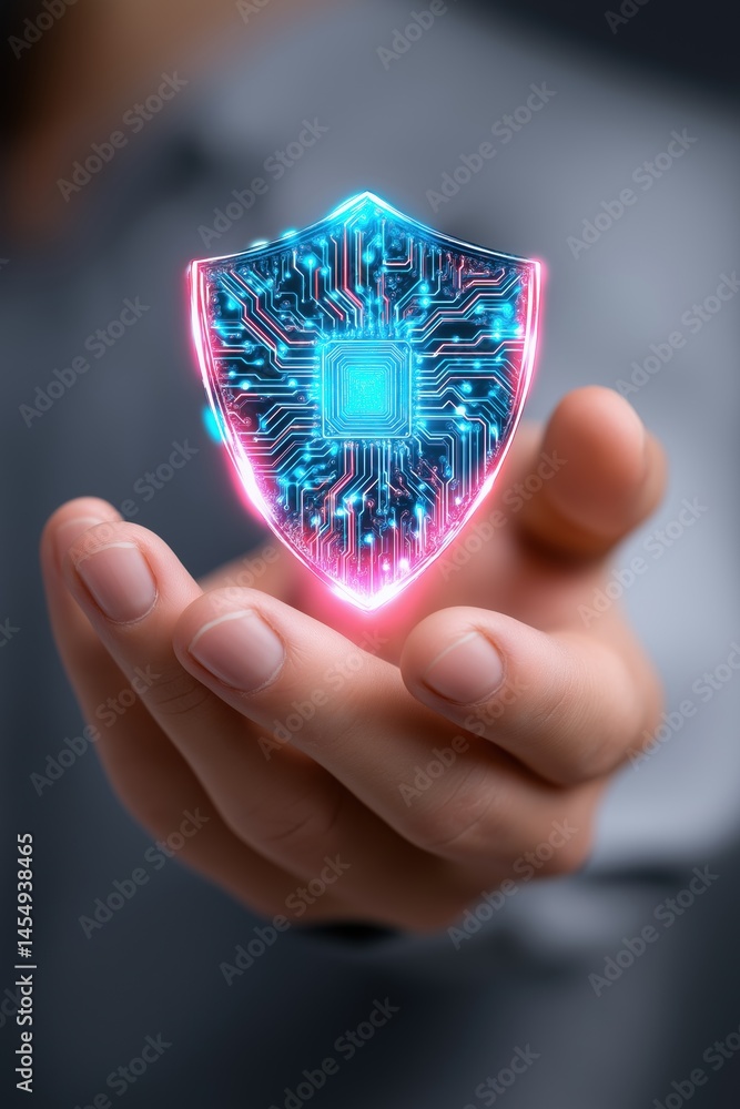 Poster a person is holding a blue and red shield with a computer chip on it. the shield is glowing and he i